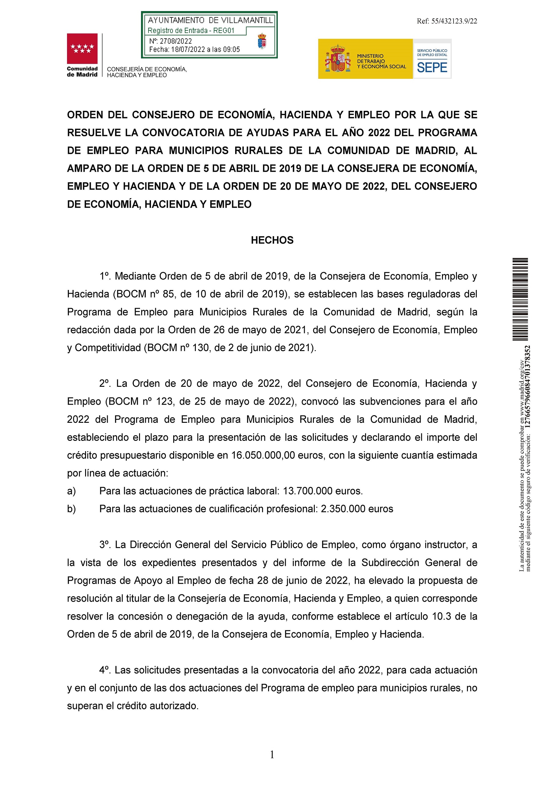 R.E.Nº. 2708 2022 ORDEN DEL CONSEJERO Página 01