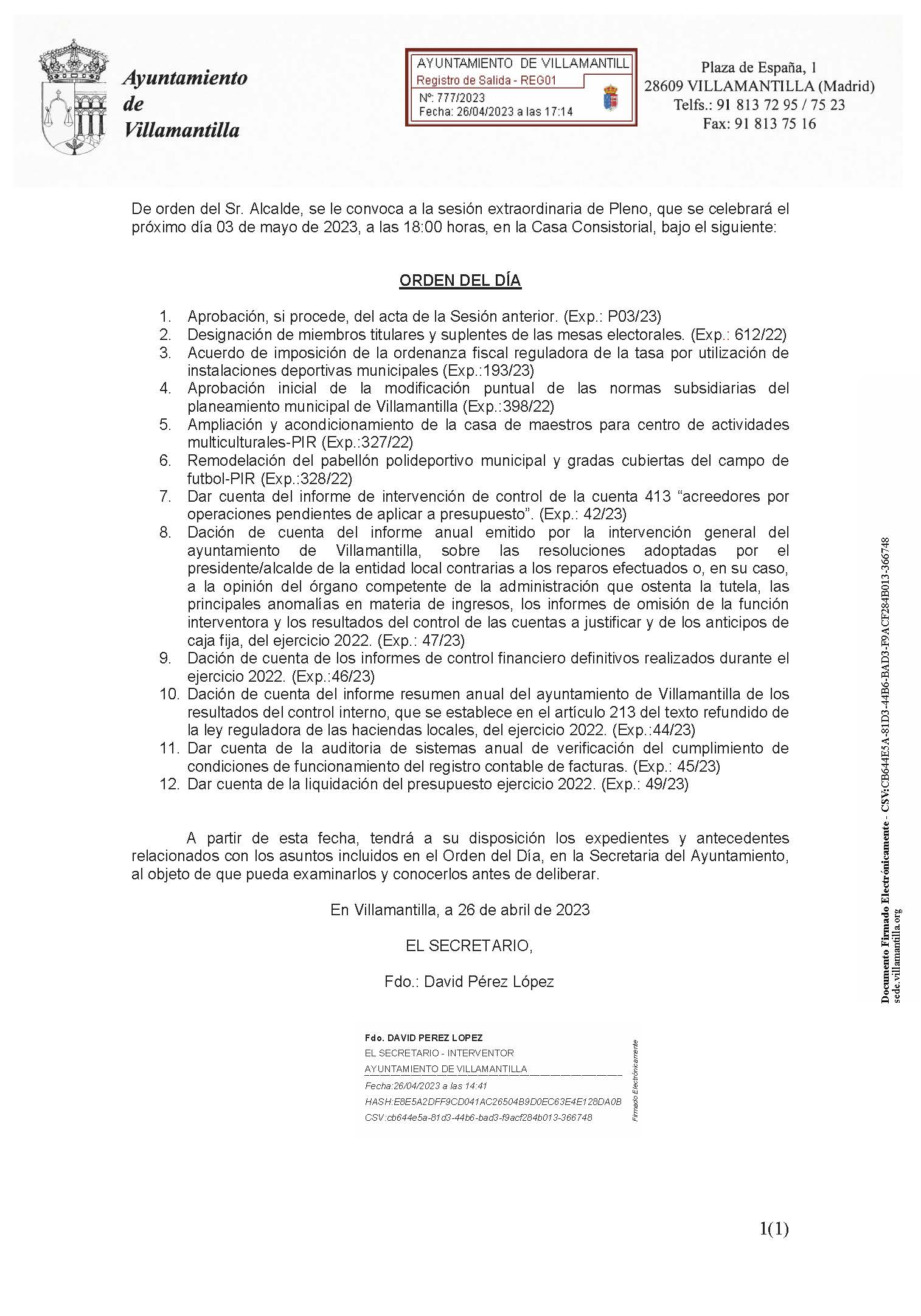 Convocatoria Pleno extraordinario 03 de mayo de 2023