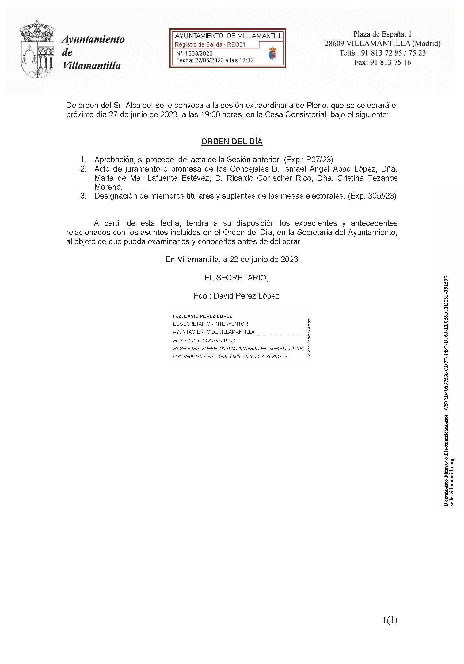 Convocatoria Pleno extraordinario 27 de junio de 2023