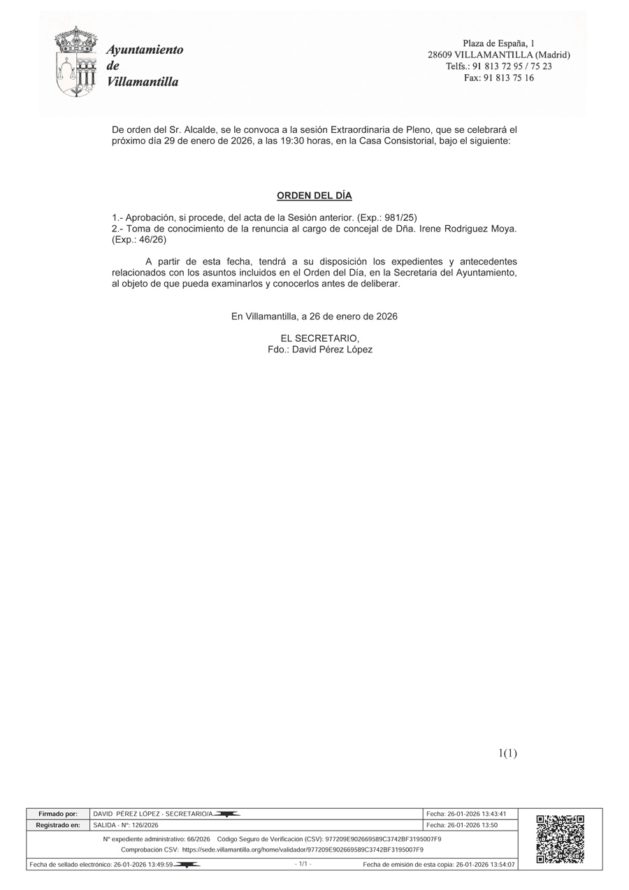 convocatoria pleno extraordinario 29 enero 2026